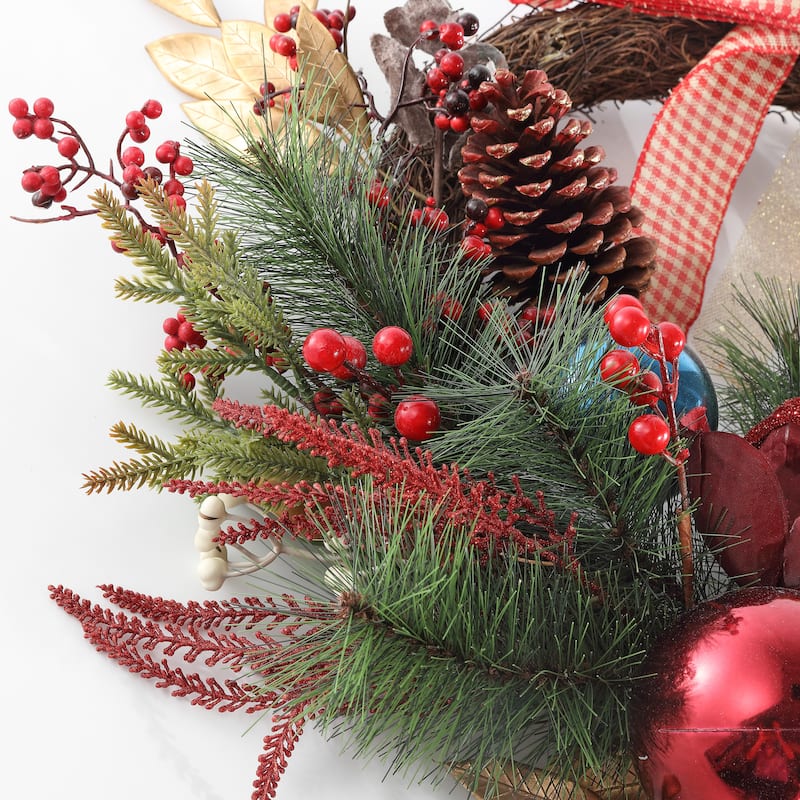 SAFAVIEH Ellyn Faux 28 Inch Magnolia Oval Wreath with Ornaments & Bow - Multi - 28" W x 21" D x 7" H - 28Wx21Dx7H
