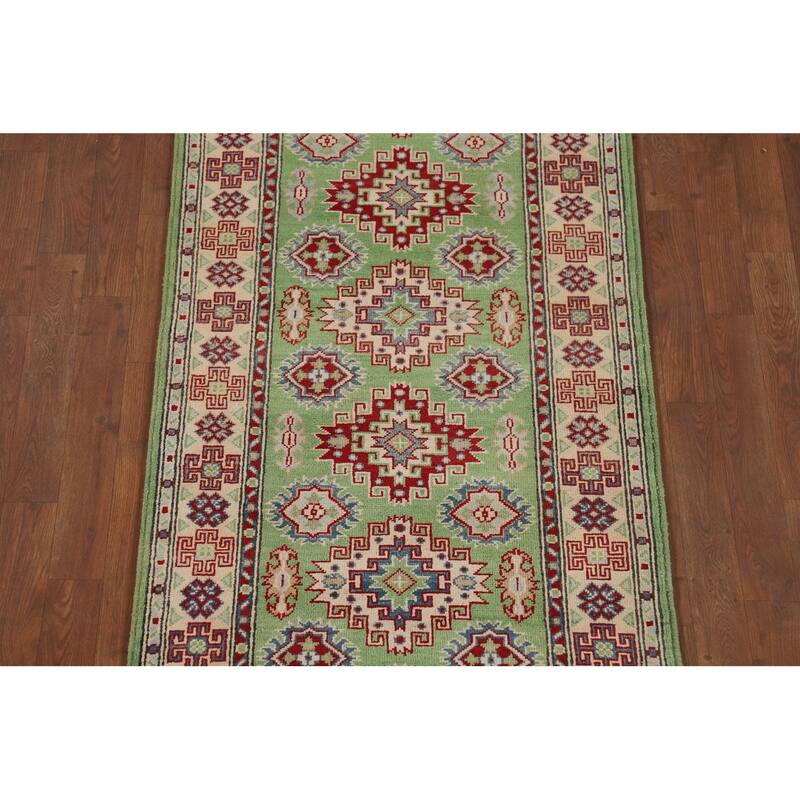 Light Green Kazak Oriental Runner Rug Hand-Knotted Wool Carpet - 2'9" x 9'7"