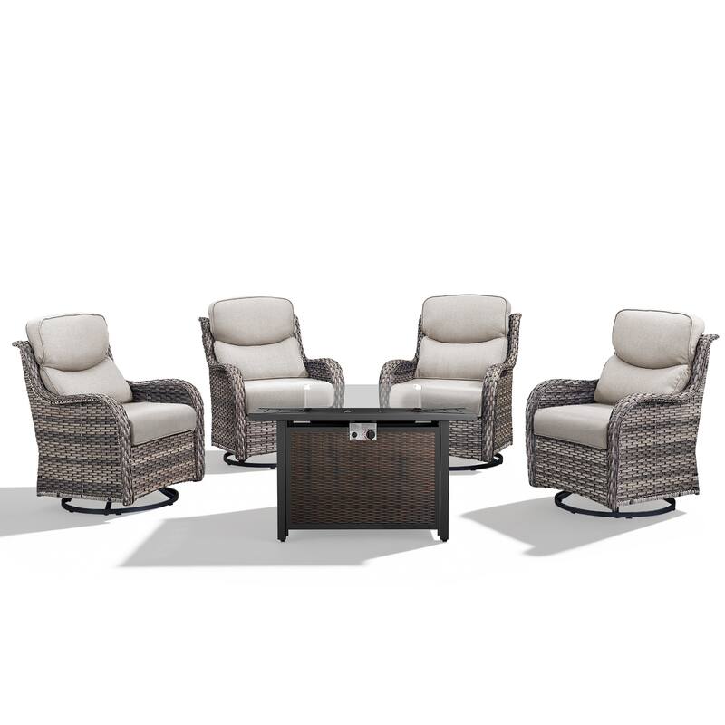 Meyreso 5-Piece Outdoor Patio Wicker Fire Pit 4 person Conversation Set with 5-Inch Thick Cushions