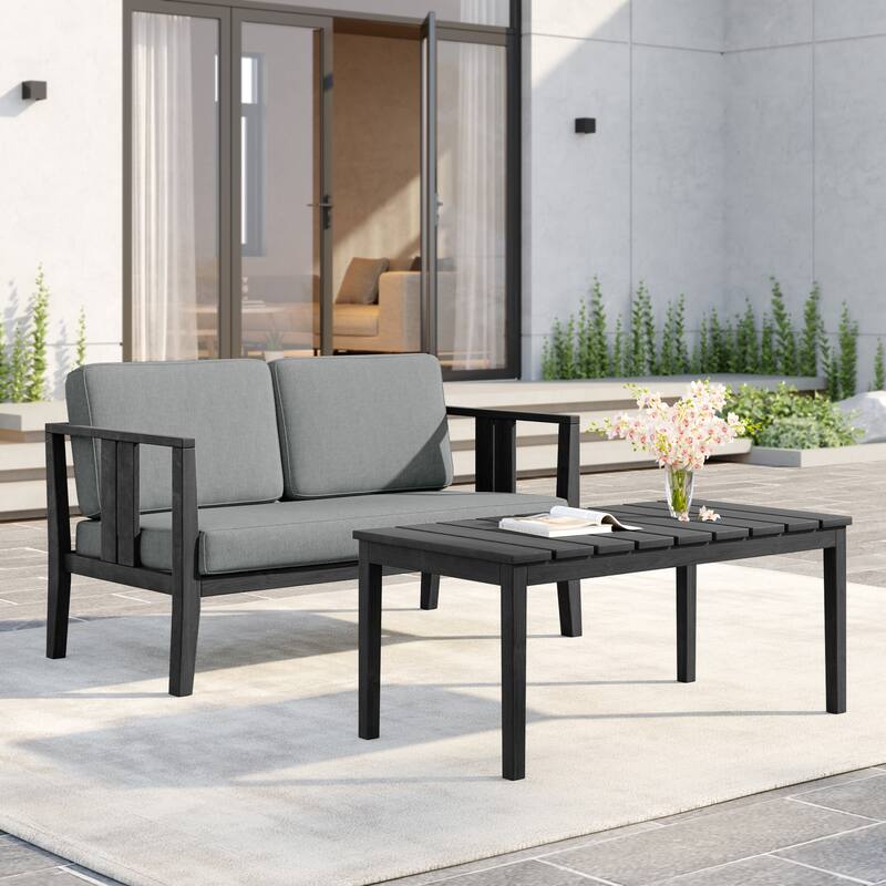 Uixe Teak Patio Loveseat with Coffee Table Outdoor Conversation Set - Black frame-Grey