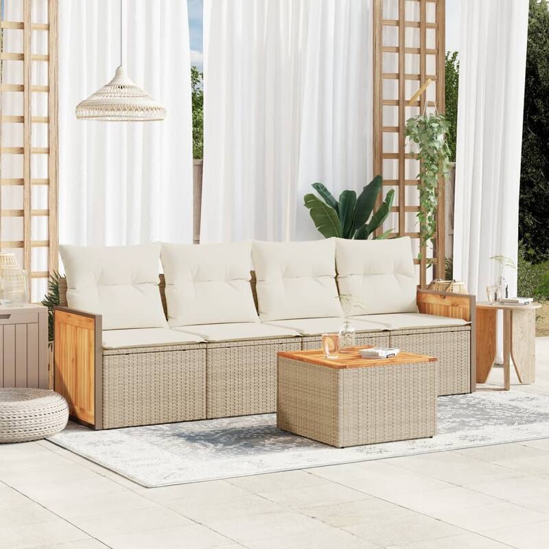 vidaXL Patio Sofa Set with Cushions Outdoor Conversation Furniture Poly Rattan - Beige and Cream-With table - 21.7 x 21.7 x 14.6