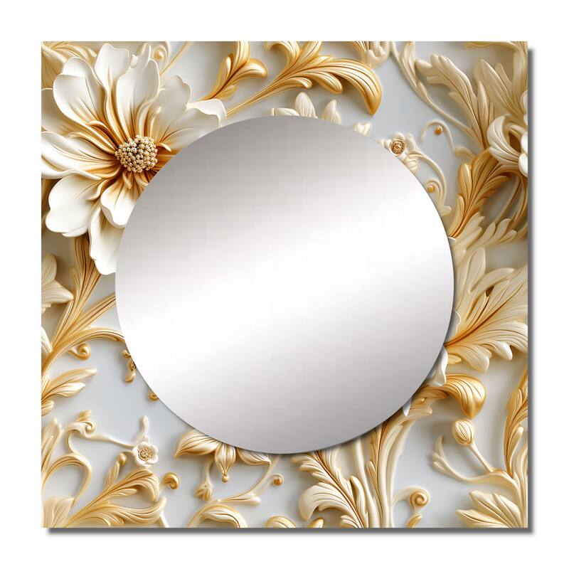 Designart "Gold And White Royal Flower Garden Serenity I" Modern Wall Mirror - Damask Square Printed Mirror For Hallway
