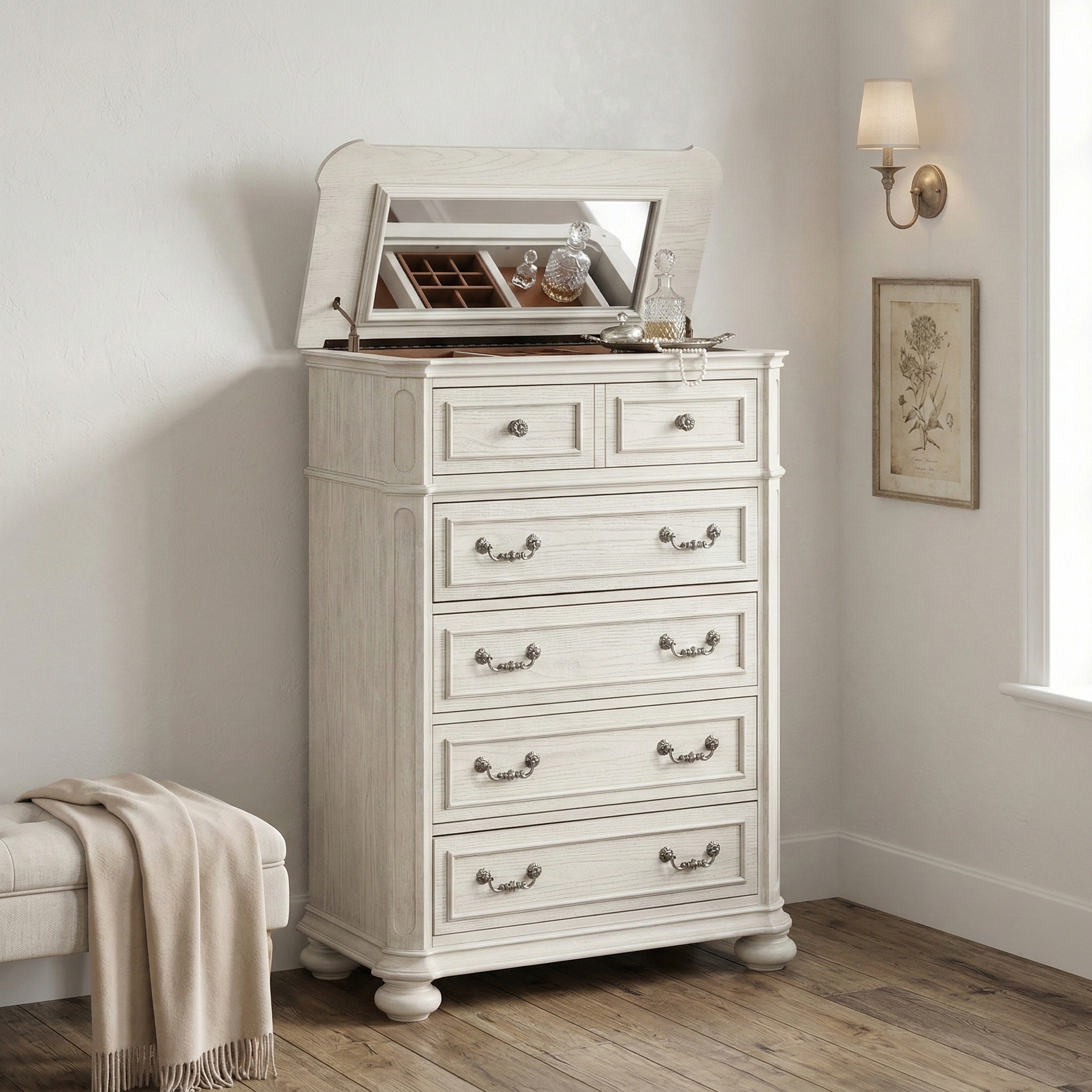 Roundhill Furniture Nelson 5-Drawer Bedroom Chest with Flip-top, Antique White