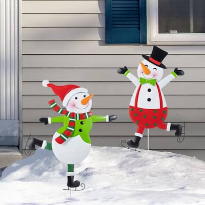 Glitzhome Set of 2 36"H Metal Christmas Skiing Snowmen Yard Stake Wall Decor - Multi
