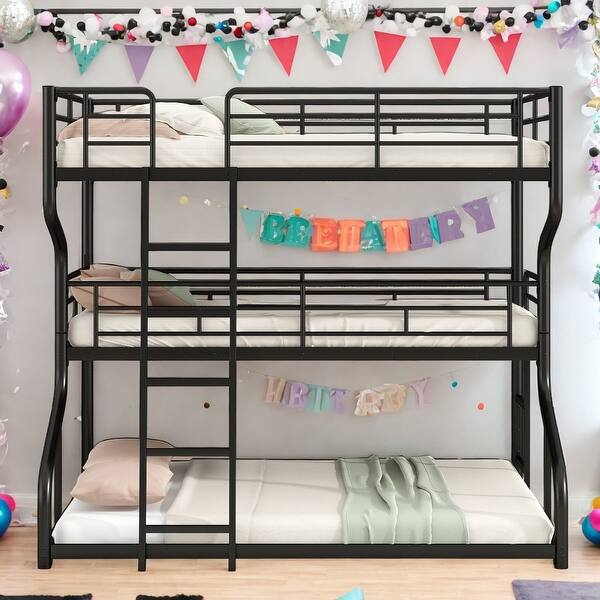 slide 2 of 18, Full XL over Twin XL over Queen Size Triple Bunk Bed with Ladders, Black Metal Frame, Industrial Style Black