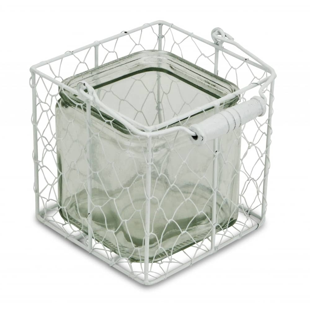 HomeRoots 5.5" White and Clear Wire Basket Glass Jar - 5.5" x 5.5" x 5.5"