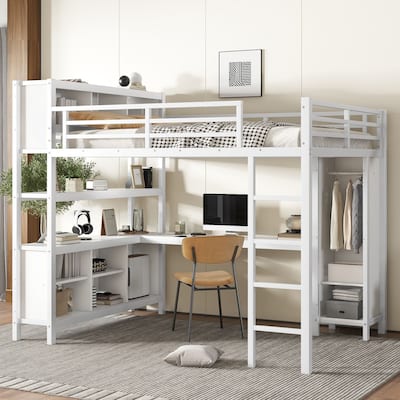 Heavy Duty Queen Loft Bed with Wardrobe, L-shaped Desk, Storage Shelves, and Guardrail, White Metal Loft Bed