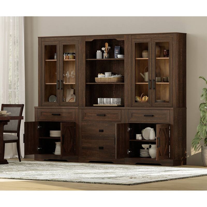3-Column 73.3" Tall Bookshelf Set with Open Storage and Glass Doors