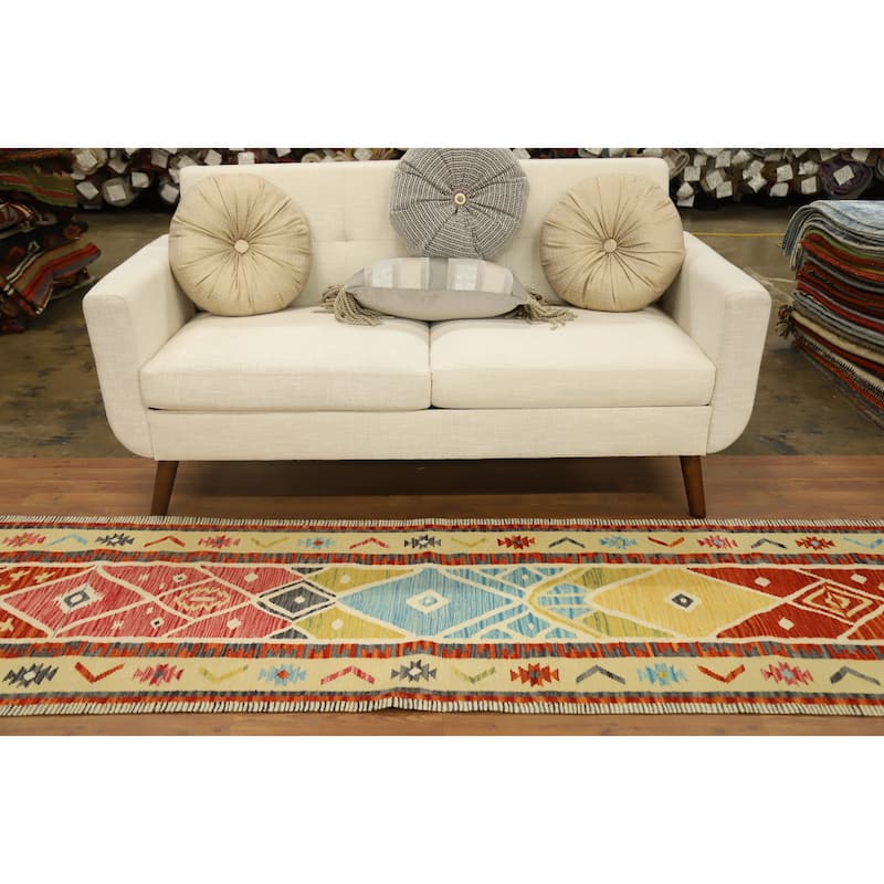 Hand Woven Oriental 100% Wool Carpet Southwestern Tribal Multi-Colored Kilim Runner Rug - 9' 7'' X 2' 6''