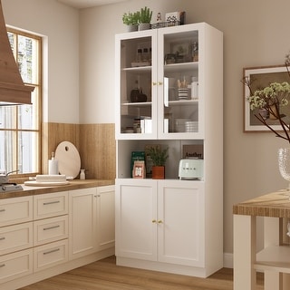 Bookcase Display Cupboard Curio Cabinet 2 Glass Door White Lacquer - 70.9"Hx31.5"W