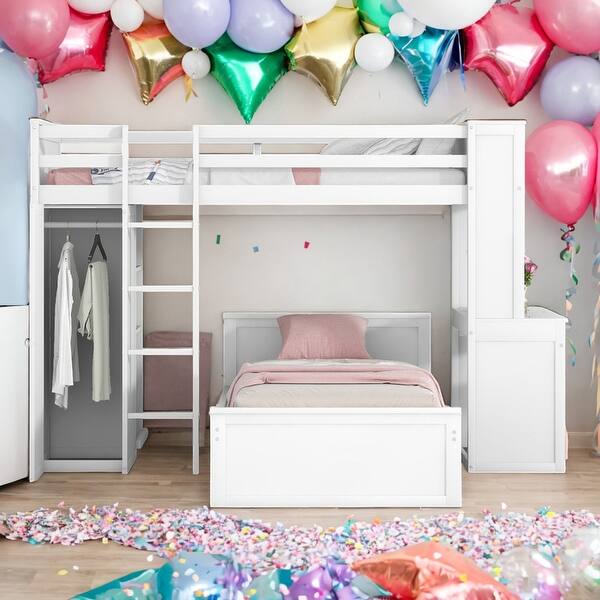 slide 2 of 19, Modern Twin size Loft Bed With Twin Size Stand-alone Bed,Shelves,Desk And Wardrobe,Versatile Use White