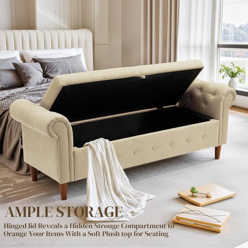 Multipurpose Rectangular Linen Sofa Stool with Large Space Saving Storage, 4 Rubber Wood Feet - 63 x 22.1 x 24.1 inch