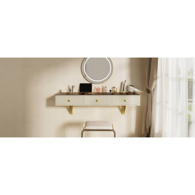 Floating Vanity Desk with Glass Top & Drawers, Wall Mounted Makeup Vanity Desk, Dressing Table with Tablet Holder