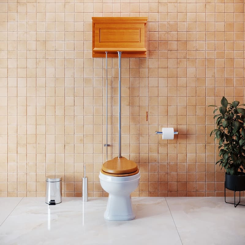 High Tank Toilet - Mahogany Flat Tank, White Round Bowl and Satin L Pipe Renovators Supply