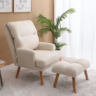 Accent Chair with Ottoman Set, Fabric Armchair with Wood Legs and Adjustable Backrest , Mid Century Modern Comfy Lounge Chair
