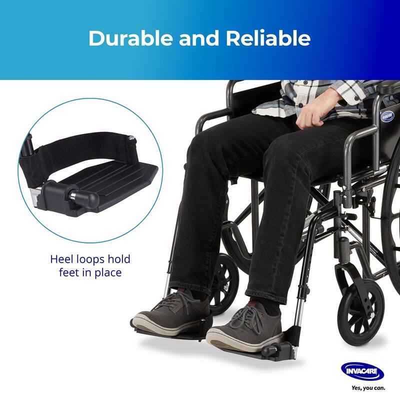 Invacare Wheelchair Legrest Hemi Footrests with Heel Loops, Flip-Up Aluminum Footplate & More - Black