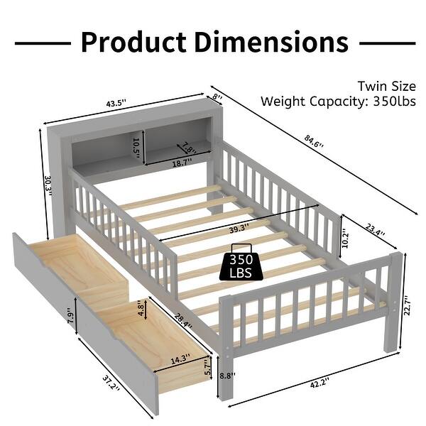 dimension image slide 0 of 2, Twin Size Bed with Headboard Storage Rack, Two Under-Bed Drawers, Three-Side Guardrails for Safety and Security