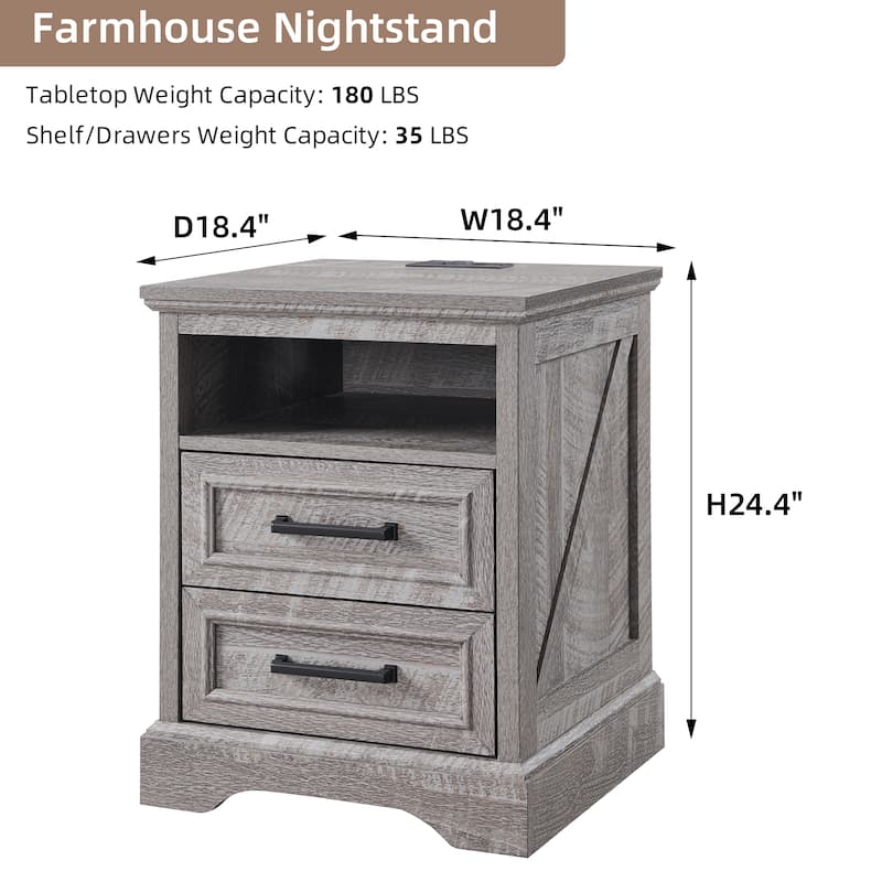 Farmhouse Nightstand Set of 2 with Charging Station, End Table