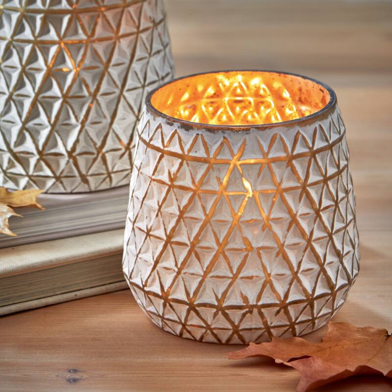 Cara Geometric White Glass Pillar Candle Holder, 4.7L x 4.7W x 5.1H