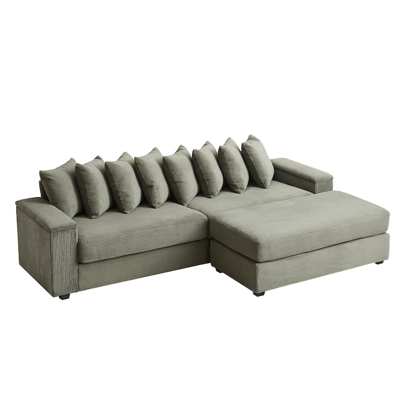 104" Corduroy L-Shaped Sectional Sofa with Ottoman Included, 8 Pillows and Armrest Storage