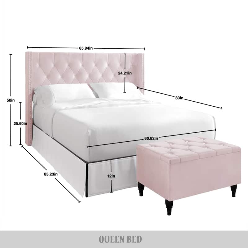 CraftPorch 2 Piece Bedroom Bench Set Velvet Wingback Upholstered Bed