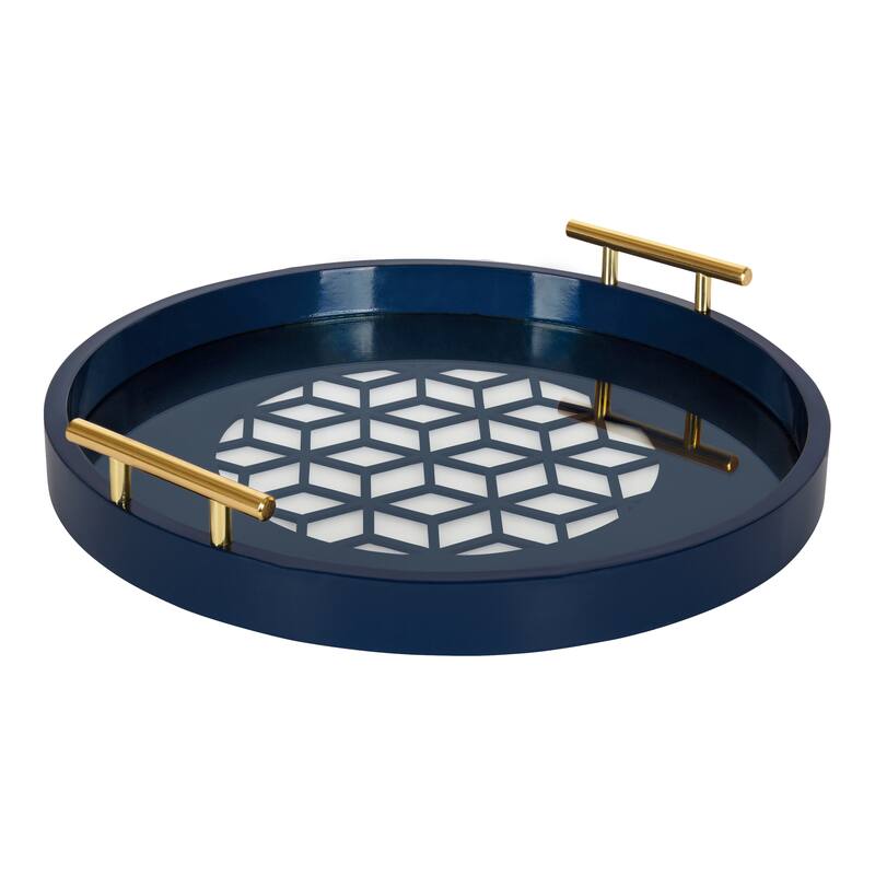 Kate and Laurel Caspen Round Pattern Decorative Metal Handles Tray - Navy - 15.5" Diameter