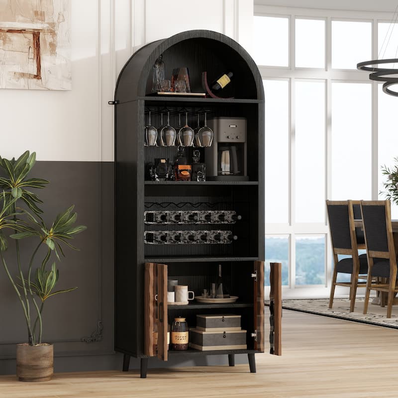 71"Farmhouse Arched Wine Bar Cabinet, Arch Cabinets &Coffee Bar, Whiskey Station With Wine Rack And Wine Glass Holder