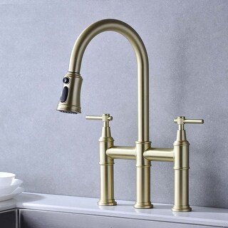 Modern Bridge Faucet With Pull-down Nozzle, Brushed Gold Kitchen Sink Faucet, Matte Kitchen Faucet With Pull-down - Overstock - 34988278