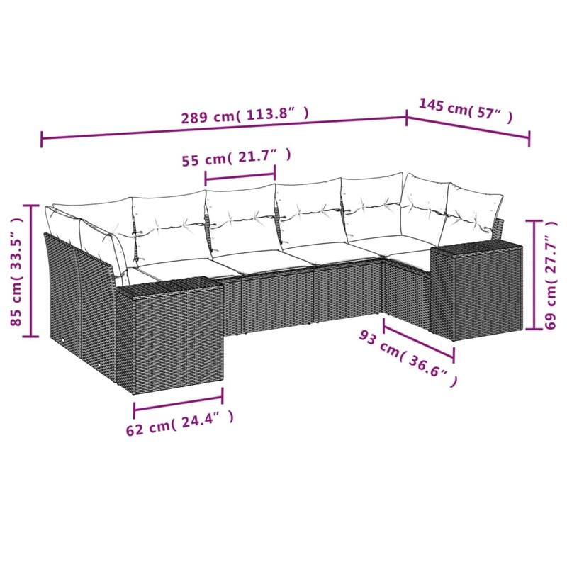 vidaXL 7 Piece Patio Sofa Set with Cushions Black Poly Rattan - 24.4 x 24.4 x 27.2