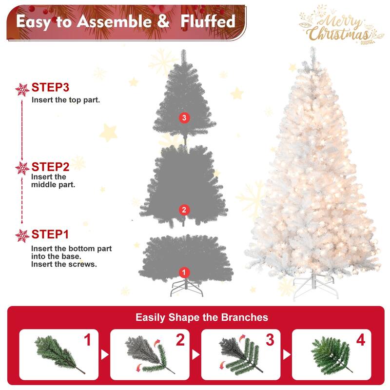 Pre-Lit White Artificial Christmas Tree - Memory Wire, Incandescent Lights, Auto-Unfold, Metal Stand