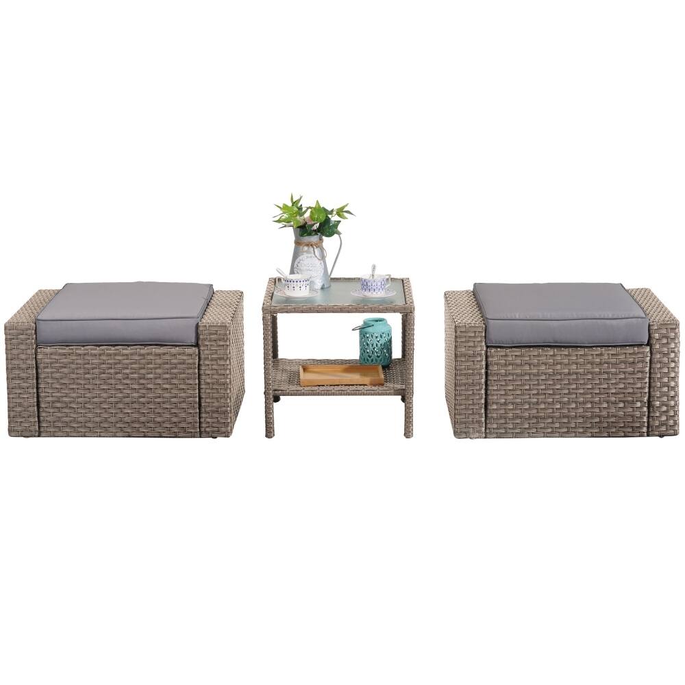 3-Pieces Patio Wicker Coffee Table Small Ottoman Furniture Set