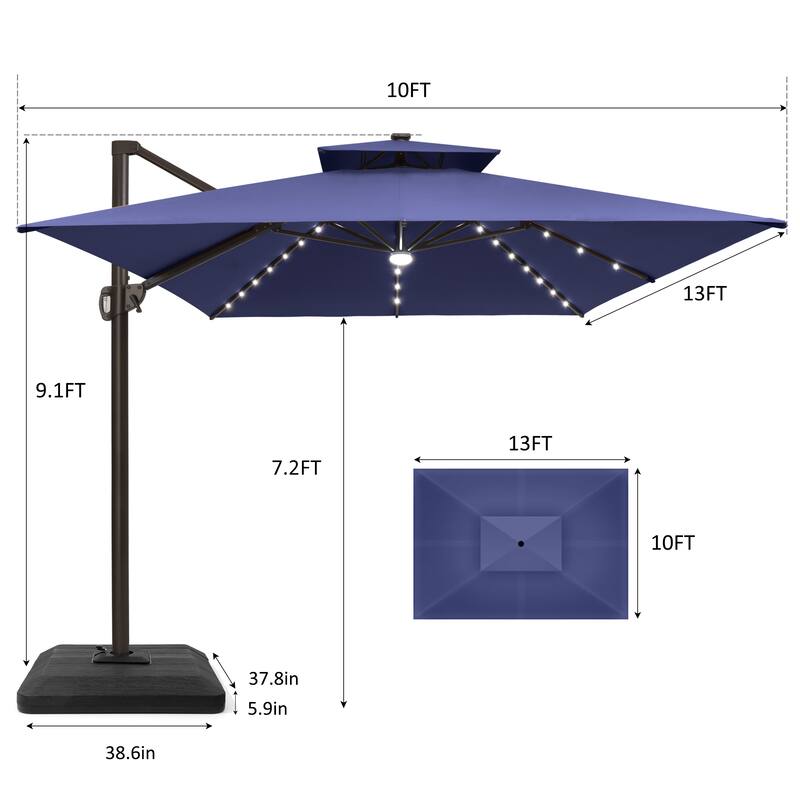 10X13 FT Outdoor Cantilever Patio Umbrella Solar LED Light with Weights Base