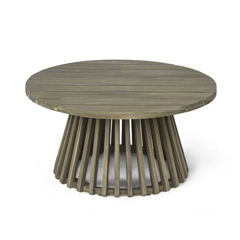 Roomfitters 31.5" Round Outdoor Acacia Wood Coffee Table, Slatted Pedestal Base Patio Table with Weather-Resistant Finish