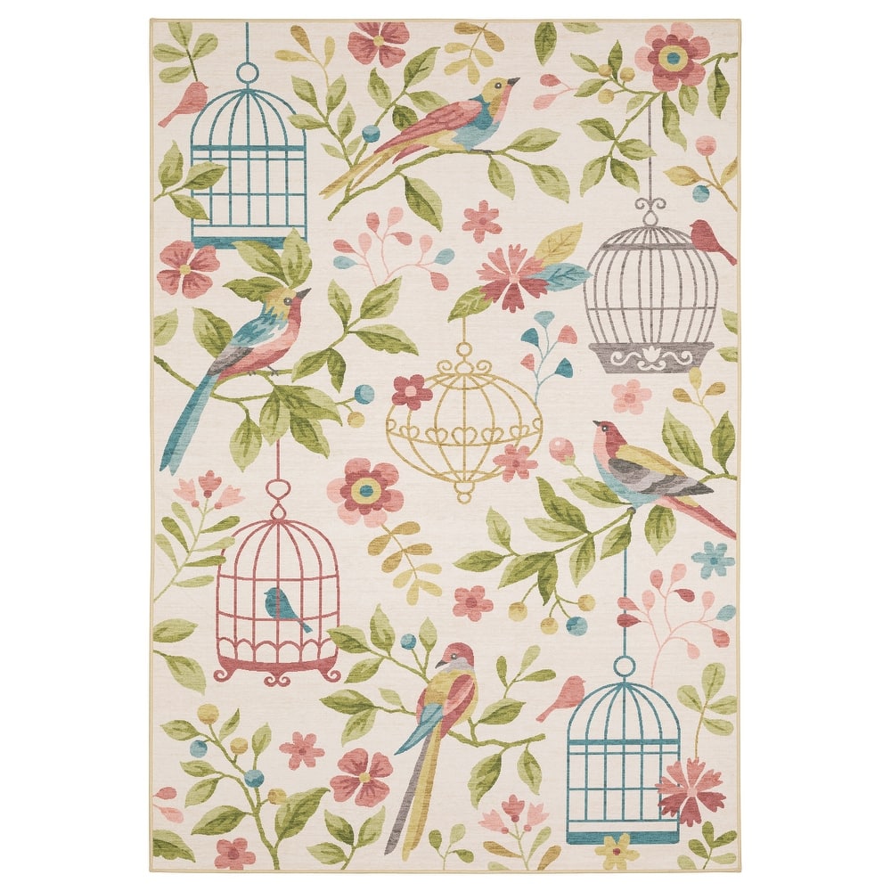 Style Haven Flores Bird Cages Beige/Multi Indoor-Outdoor Washable Rug