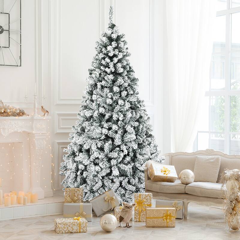 Gymax 6/7.5/9 FT Pre-Lit Christmas Tree Snow Flocked Hinged Pine Tree - 7.5 Foot