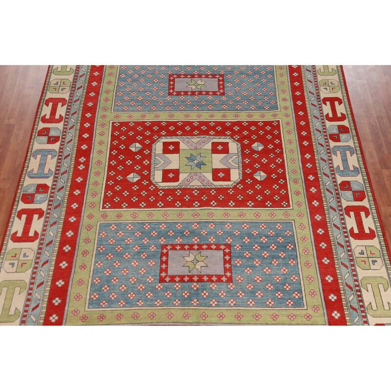 Hand Knotted Oriental 100% Wool Carpet Traditional Geometric Multi-Colored Kazak Area Rug - 11' 7'' X 8' 6''