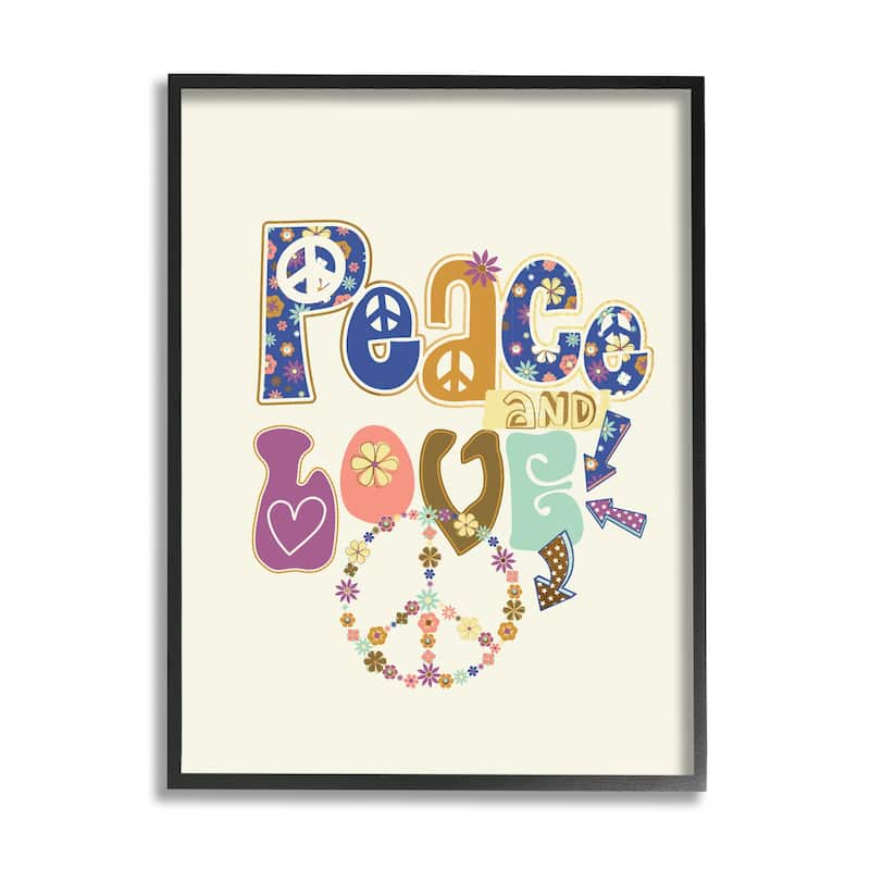 Stupell Groovy Peace and Love Sentiments Floral Peace Sign Framed Wall Art - 16 x 20 - Black
