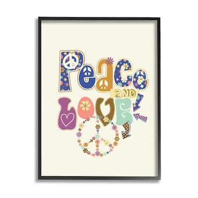 Stupell Groovy Peace and Love Sentiments Floral Peace Sign Framed Wall Art