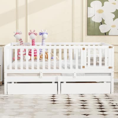 Solid Wood Daybed Split into Independent Floor Bed & Daybed with Fence Guardrails and 2 Drawers