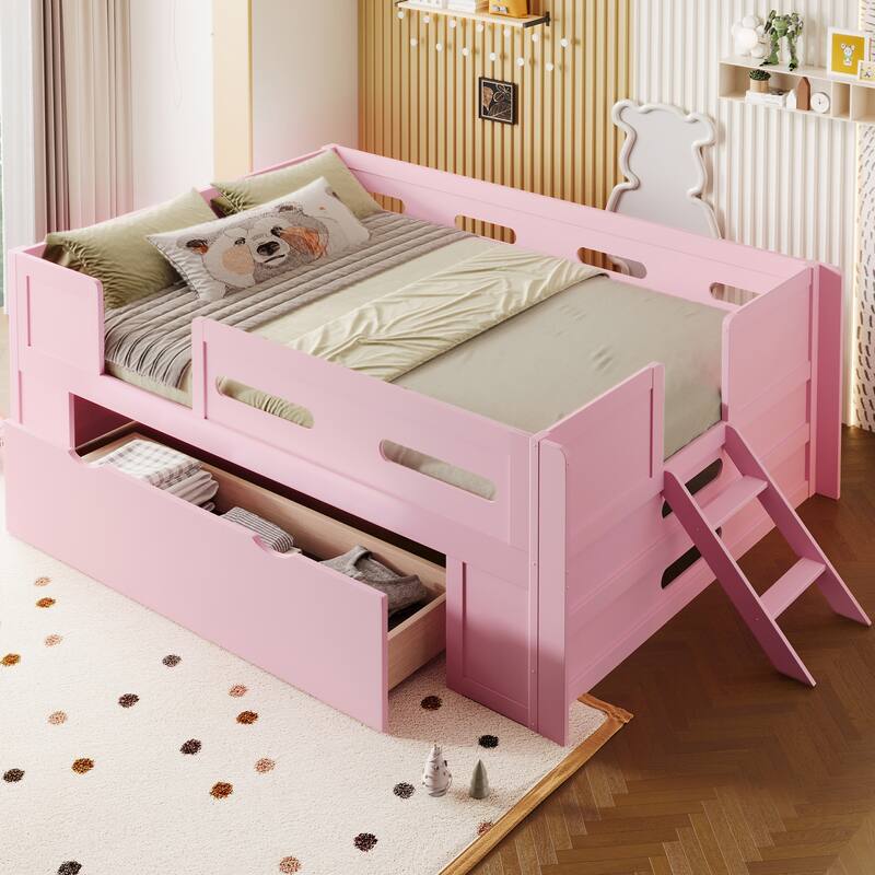 Roomfitters Full/Twin Size Wood Platform Bed with Underbed Storage Drawer and Safety Guardrails, Modern Low Loft Frame
