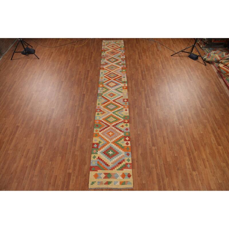 Colorful Geometric Kilim Runner Rug Hand-woven Wool Carpet - 2'5"x 16'5"