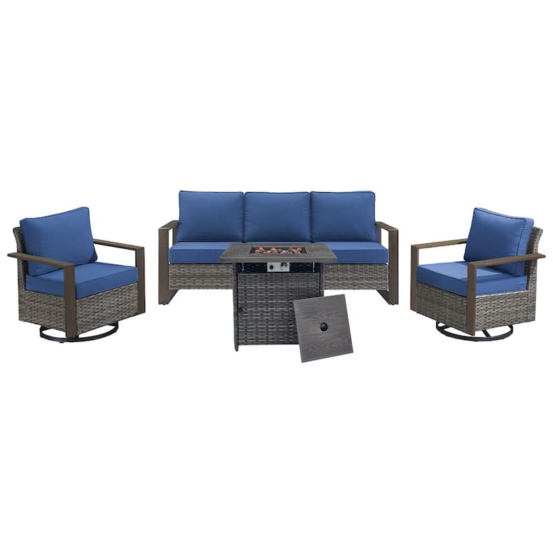 Pocassy Outdoor Fire Pit with 3-Seat Sofa Swivel Chairs Patio Furniture Set