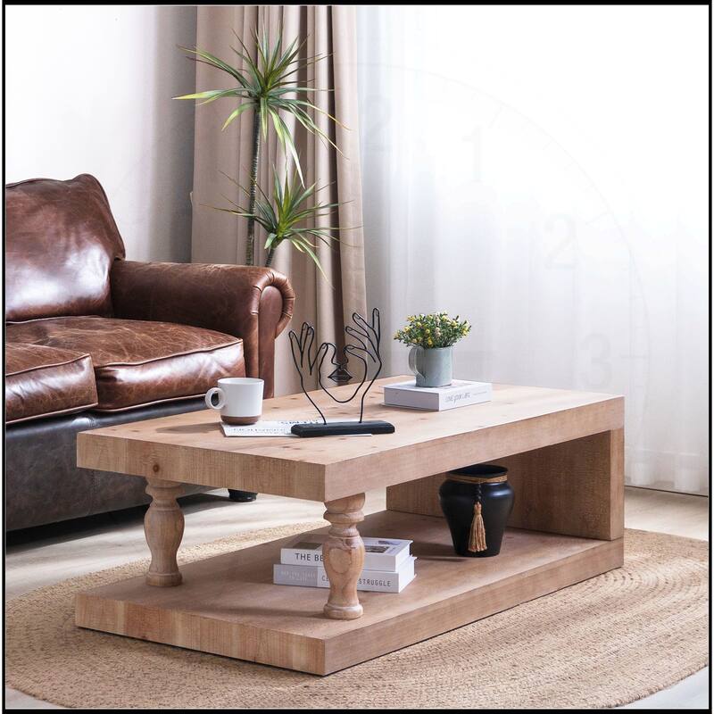 47" Rustic Solid Wood Coffee Table with Open Shelf - Wood - Light Natural