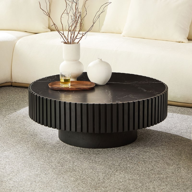 Luxury Round Coffee Table with Faux Marble Top, 35.43" Modern Low Drum Shape Cocktail Table for Living Room, Reception Room - Black