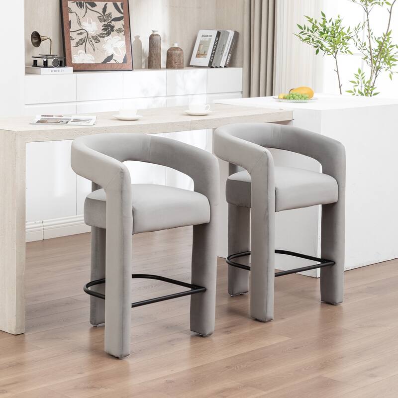 SEYNAR Modern Velvet 34.6''H Fixed Height Open-Back Bar Stool with Metal Footrest Set of 2 - Grey