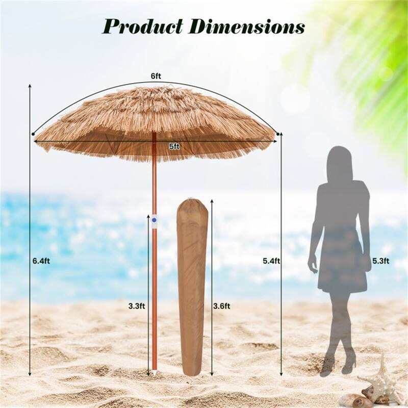 6 ft Portable Thatched Tiki Beach Umbrella with Tilt and Adjustable Height for Patio or Pool