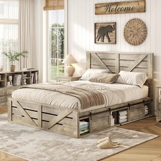Farmhouse Full Size Wood Bed Frame with Sliding Barn Door Storage ...