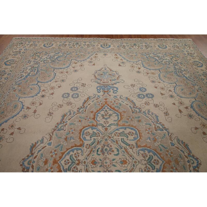 Hand Knotted Oriental 100% Wool Carpet Traditional Medallion Beige & Ivories Tabriz Area Rug - 13' 0'' X 9' 7''