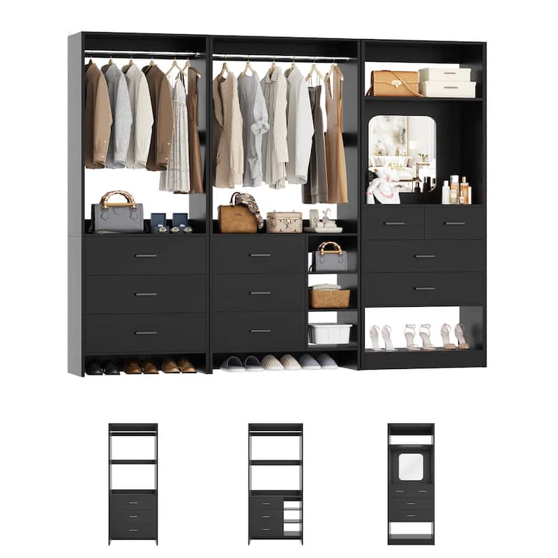 Cimly Set of 3 Closet Organizers with Drawers and Mirror, Freestanding Closet System with Hanging Rods