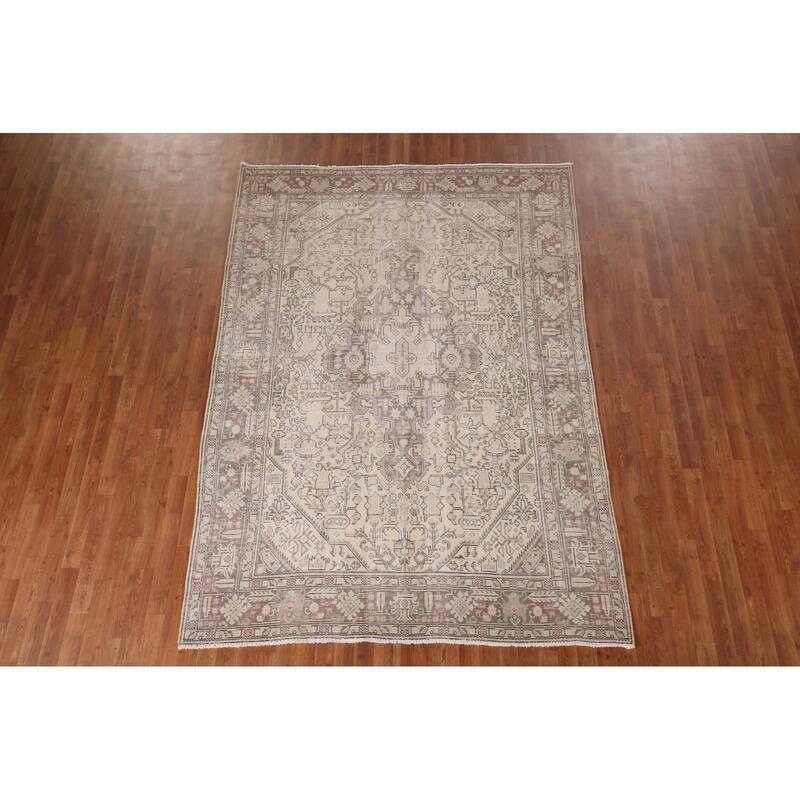 Distressed Tabriz Vintage Persian Rug Handmade Medallion Wool Carpet - 6'5" x 9'2"